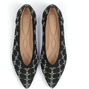 🆕Women's Stripe Black Flats Shoes Pointed Toe Knit Ballet Comfortable Dressy